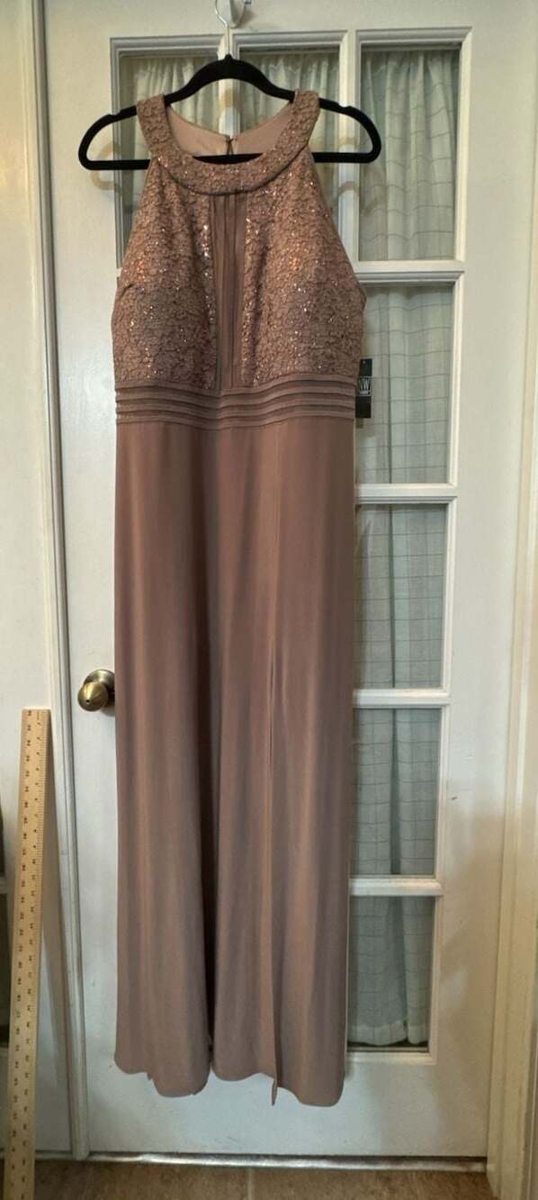 NW Woman Lace Halter Neck Evening Gown in Taupe Size 16W